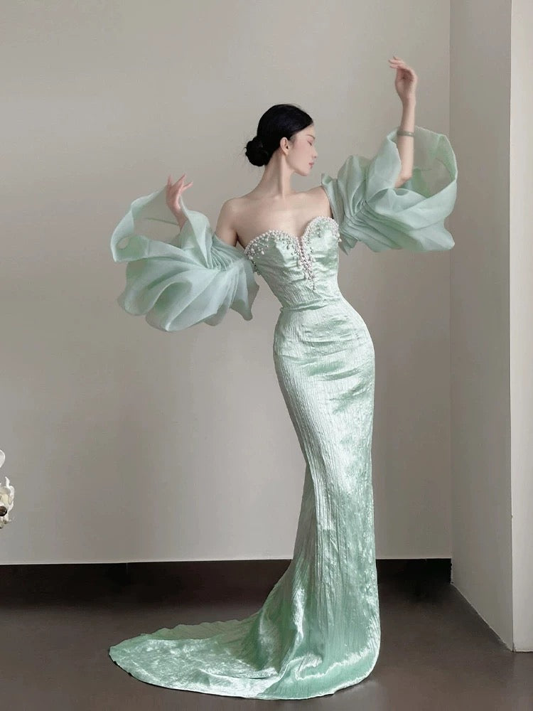 Classy Mermaid Sweetheart Mint Green Satin Long Prom Dresses Party Dress Birthday Outfits Graduation Dresses W0758
