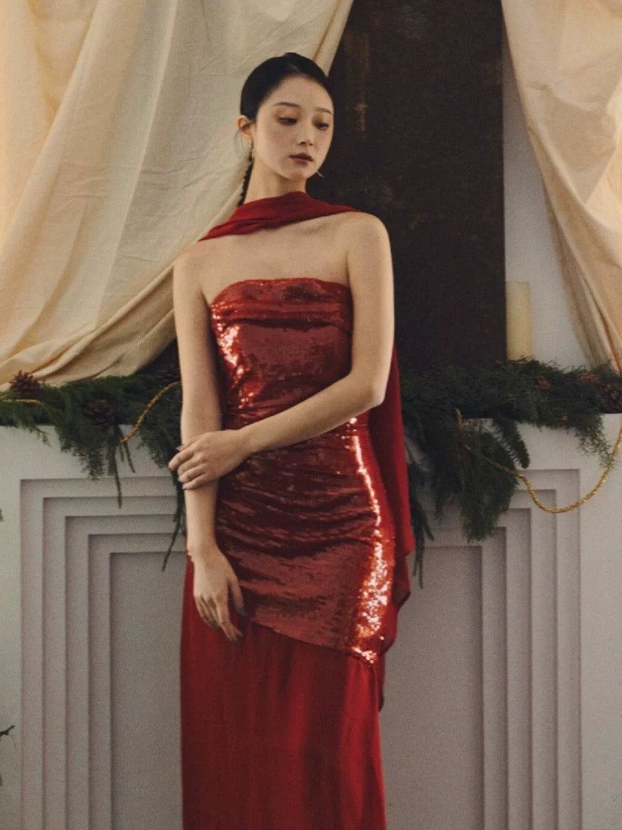 Classy Sheath Strapless Red Long Prom Gown Summer Wedding Guest Dress Bridal Guest Dresses Wedding Outfits For Guest With Scarf W0760