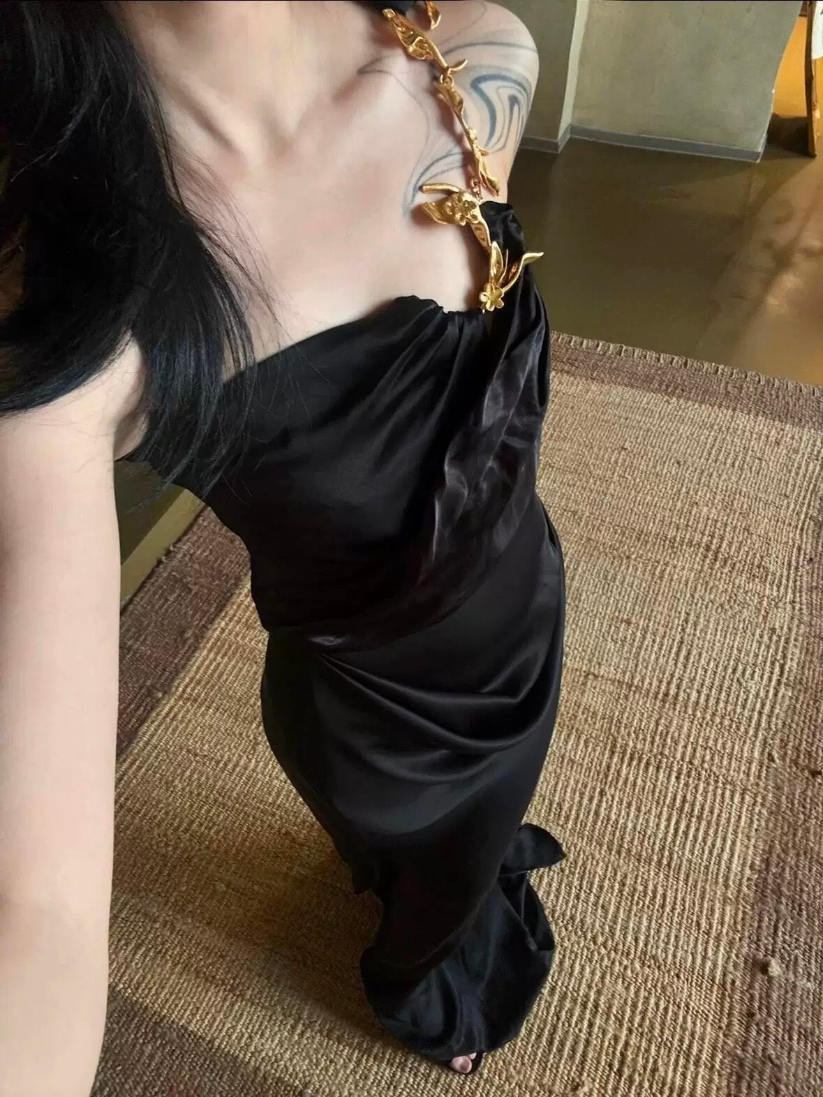 Classy Mermaid One Shoulder Black Satin Long Prom Dresses Party Dress Birthday Outfits Graduation Dresses W0763