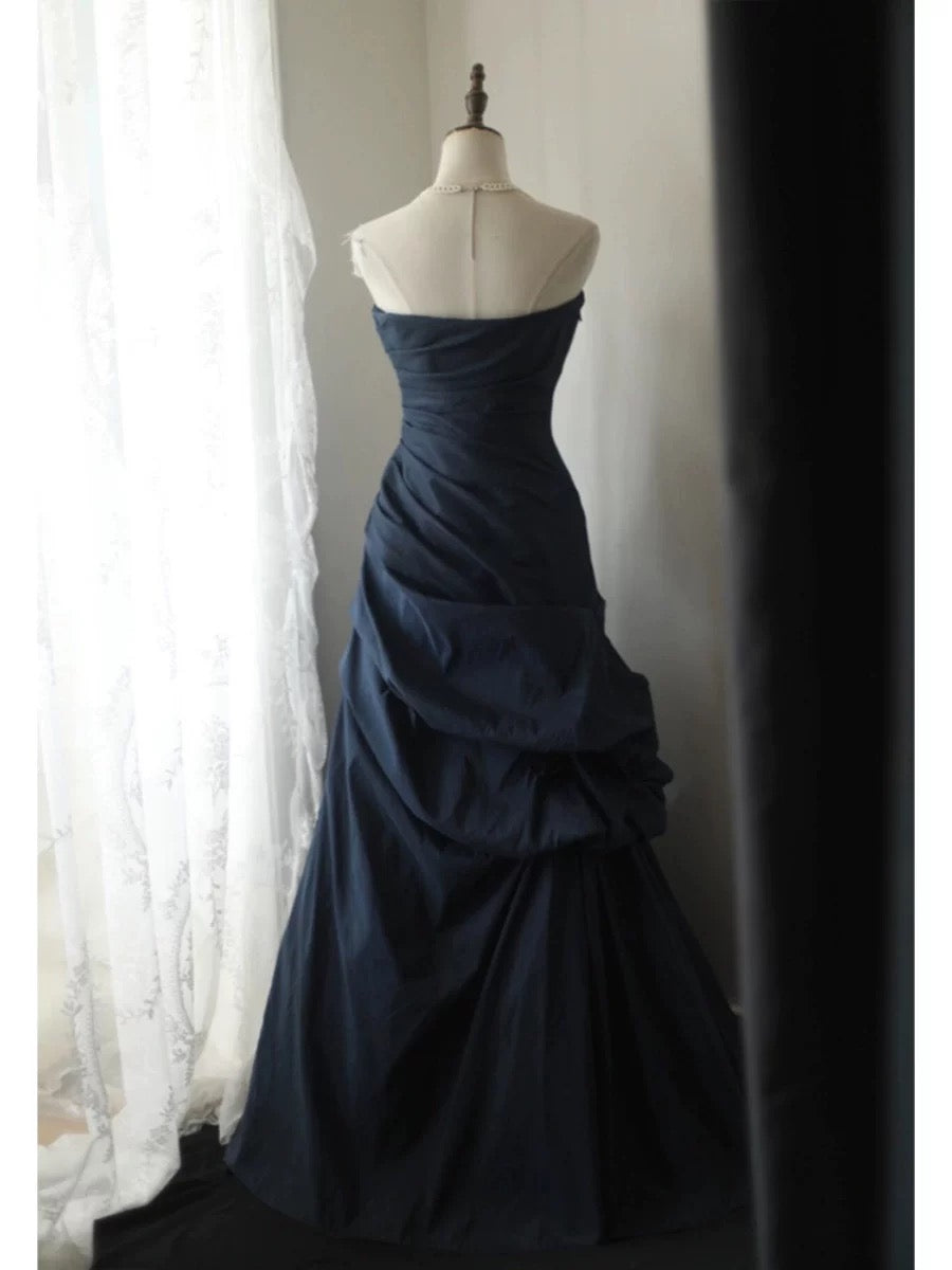 Classy Mermaid Sweetheart Navy Blue Satin Long Prom Dresses Party Dress Birthday Outfits Graduation Dresses W0766