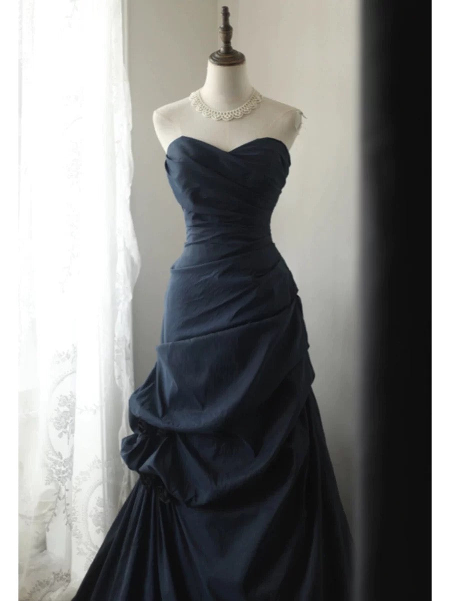 Classy Mermaid Sweetheart Navy Blue Satin Long Prom Dresses Party Dress Birthday Outfits Graduation Dresses W0766