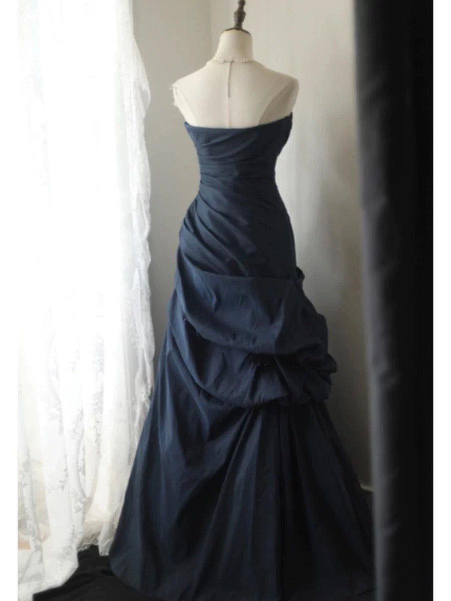 Classy Mermaid Sweetheart Navy Blue Satin Long Prom Dresses Party Dress Birthday Outfits Graduation Dresses W0766