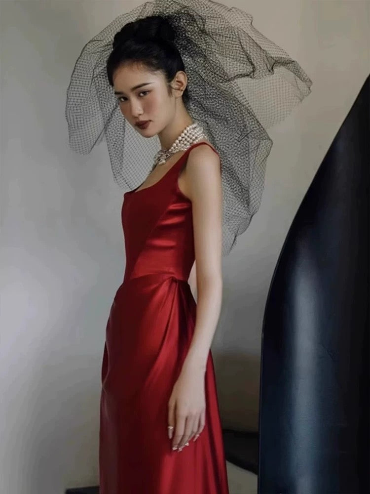 Classy Mermaid Square Red Long Prom Gown Summer Wedding Guest Dress Bridal Guest Dresses Wedding Outfits For Guest W0767