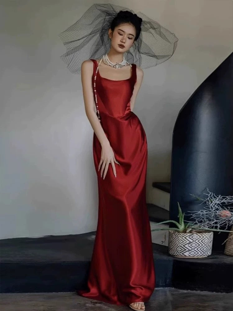 Classy Mermaid Square Red Long Prom Gown Summer Wedding Guest Dress Bridal Guest Dresses Wedding Outfits For Guest W0767