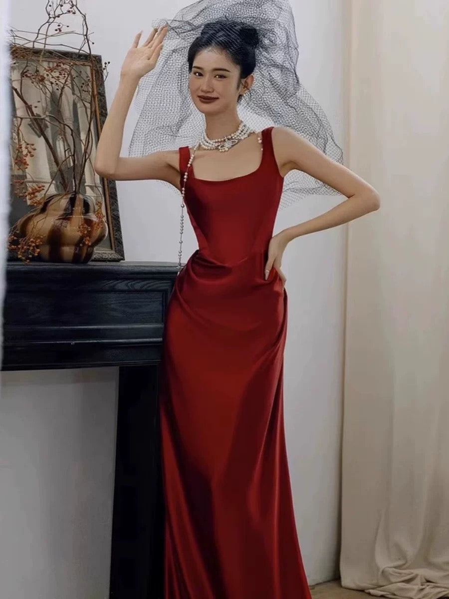 Classy Mermaid Square Red Long Prom Gown Summer Wedding Guest Dress Bridal Guest Dresses Wedding Outfits For Guest W0767