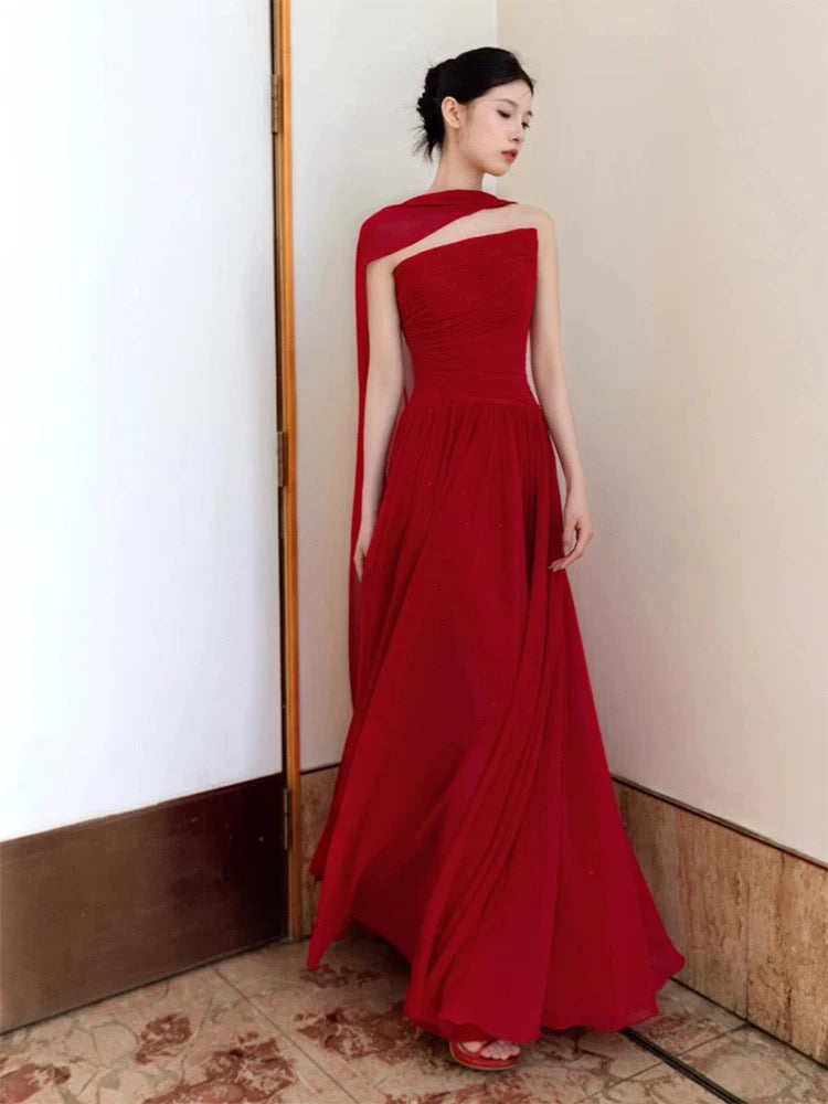 Classy A line Strapless Red Long Prom Gown Summer Wedding Guest Dress Bridal Guest Dresses Wedding Outfits For Guest W0774
