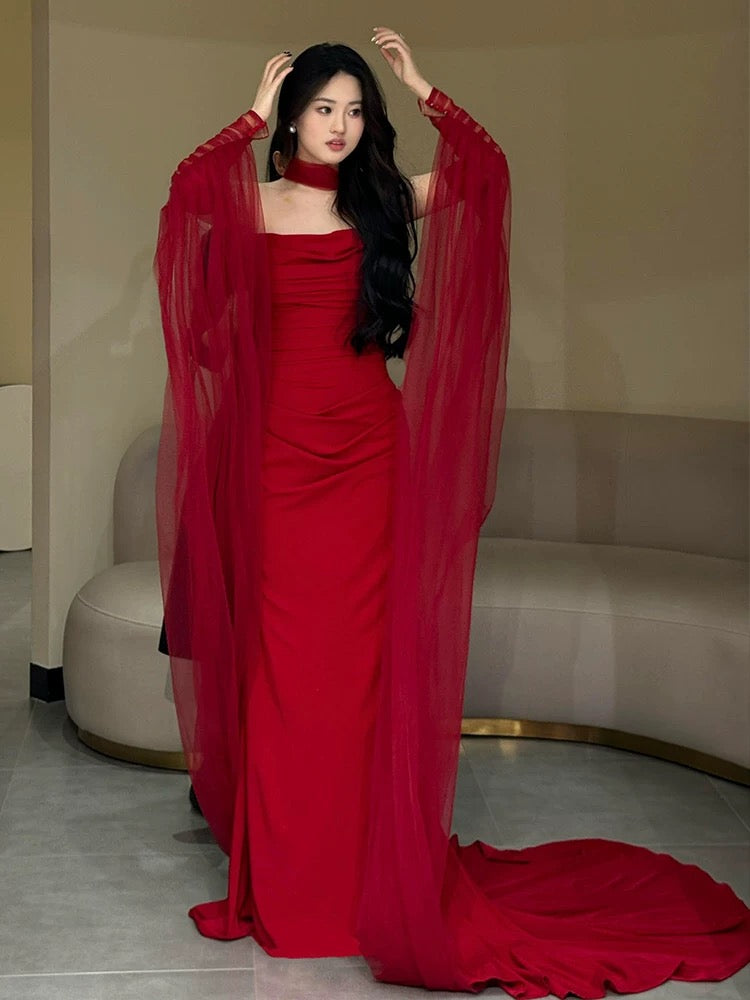 Classy Mermaid Strapless Red Long Prom Gown Summer Wedding Guest Dress Bridal Guest Dresses Wedding Outfits For Guest With Scarf W0776