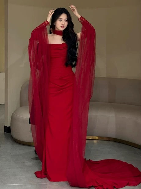 Classy Mermaid Strapless Red Long Prom Gown Summer Wedding Guest Dress Bridal Guest Dresses Wedding Outfits For Guest With Scarf W0776