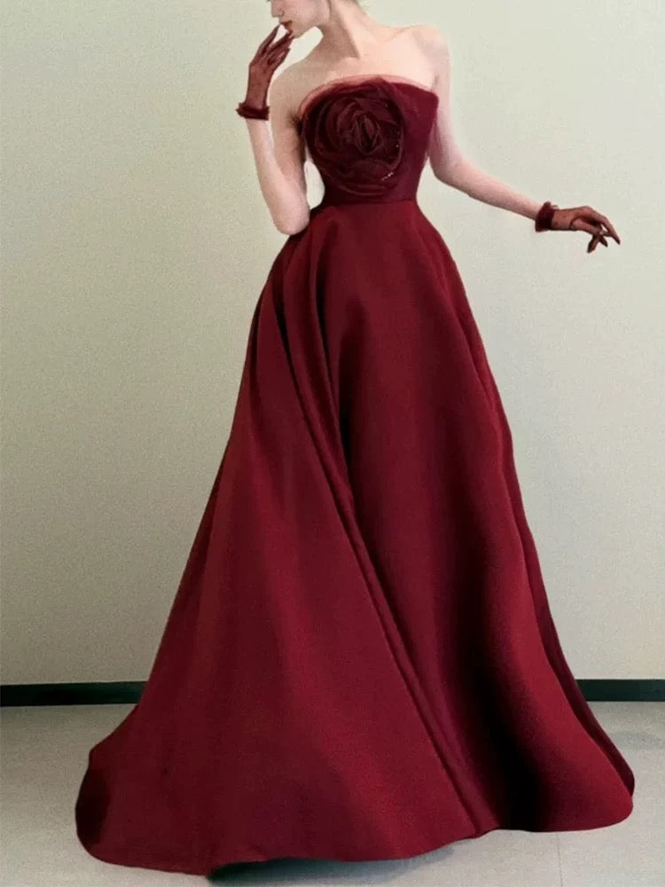 Classy Ball Gown Strapless Wine Red Long Prom Gown Summer Wedding Guest Dress Bridal Guest Dresses Wedding Outfits For Guest W0777
