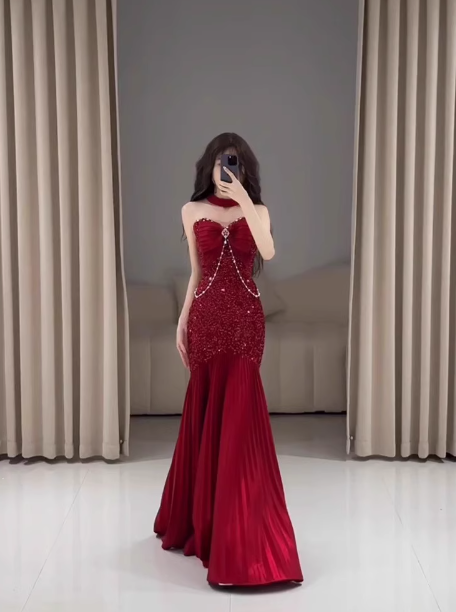 Robe de bal longue rouge à paillettes, style sirène, décolleté en cœur, élégante, tenue de soirée, tenue d'invitée de mariage, W0777