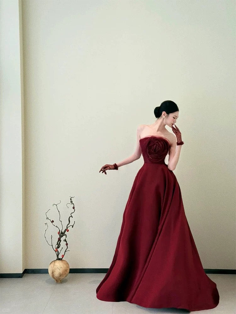Classy Ball Gown Strapless Wine Red Long Prom Gown Summer Wedding Guest Dress Bridal Guest Dresses Wedding Outfits For Guest W0777