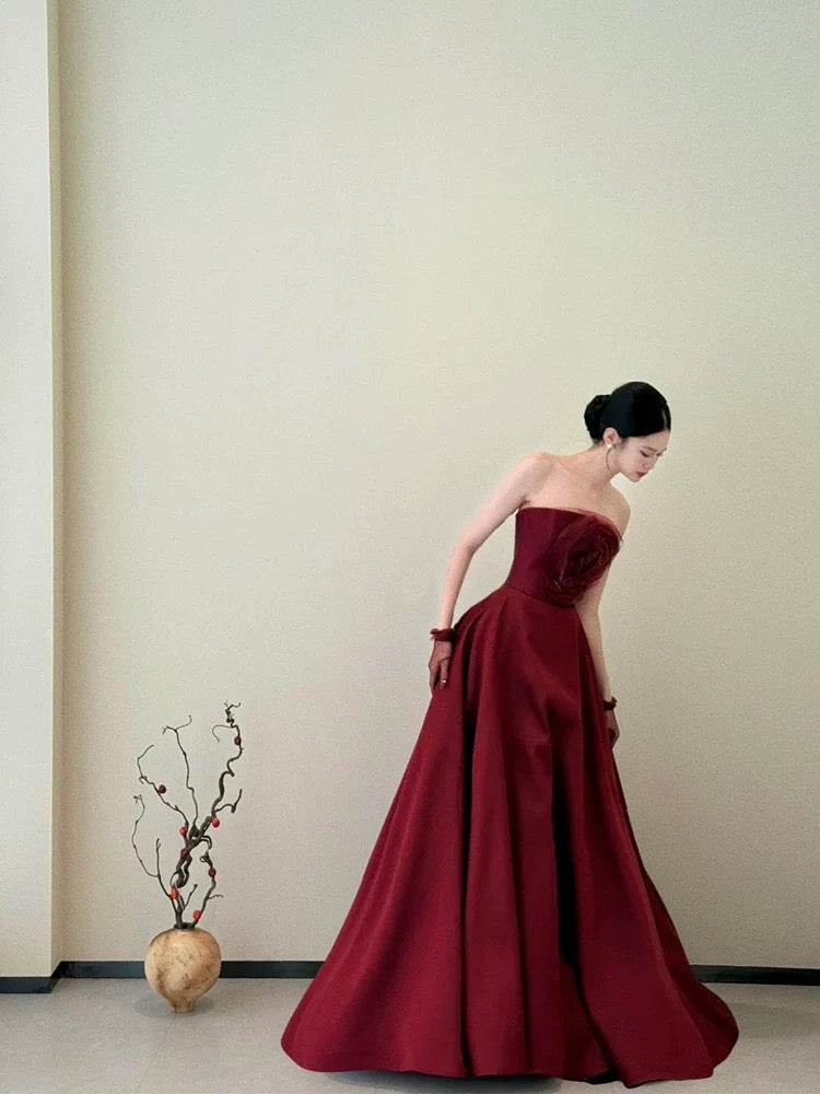 Classy Ball Gown Strapless Wine Red Long Prom Gown Summer Wedding Guest Dress Bridal Guest Dresses Wedding Outfits For Guest W0777