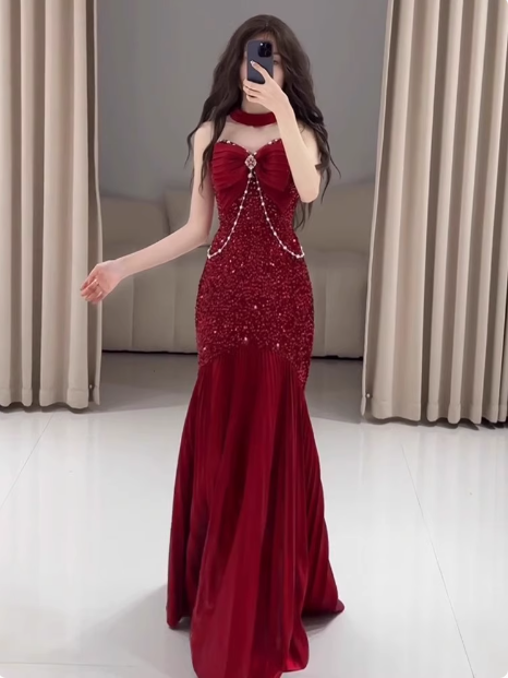 Robe de bal longue rouge à paillettes, style sirène, décolleté en cœur, élégante, tenue de soirée, tenue d'invitée de mariage, W0777