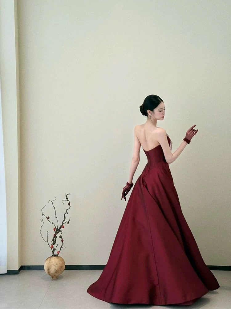 Classy Ball Gown Strapless Wine Red Long Prom Gown Summer Wedding Guest Dress Bridal Guest Dresses Wedding Outfits For Guest W0777