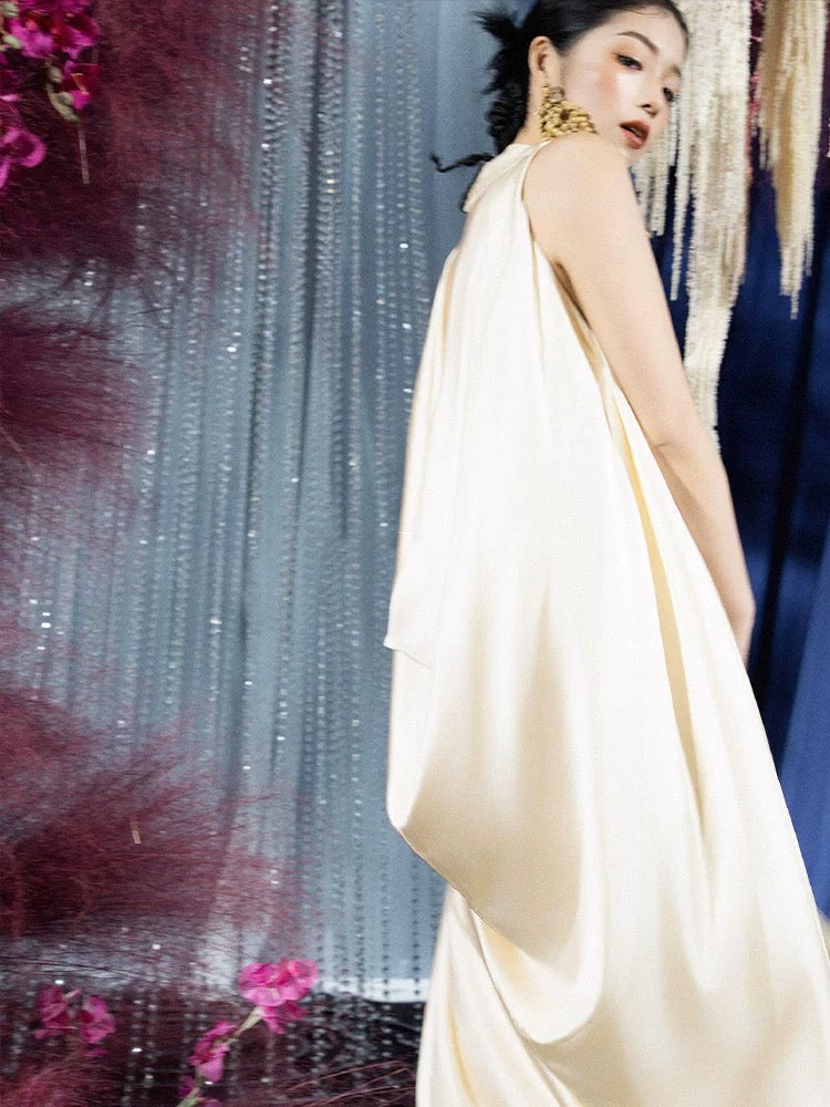Classy A Line High Neck Satin Long Prom Gown Summer Wedding Guest Dress Bridal Guest Dresses Wedding Outfits For Guest W0780
