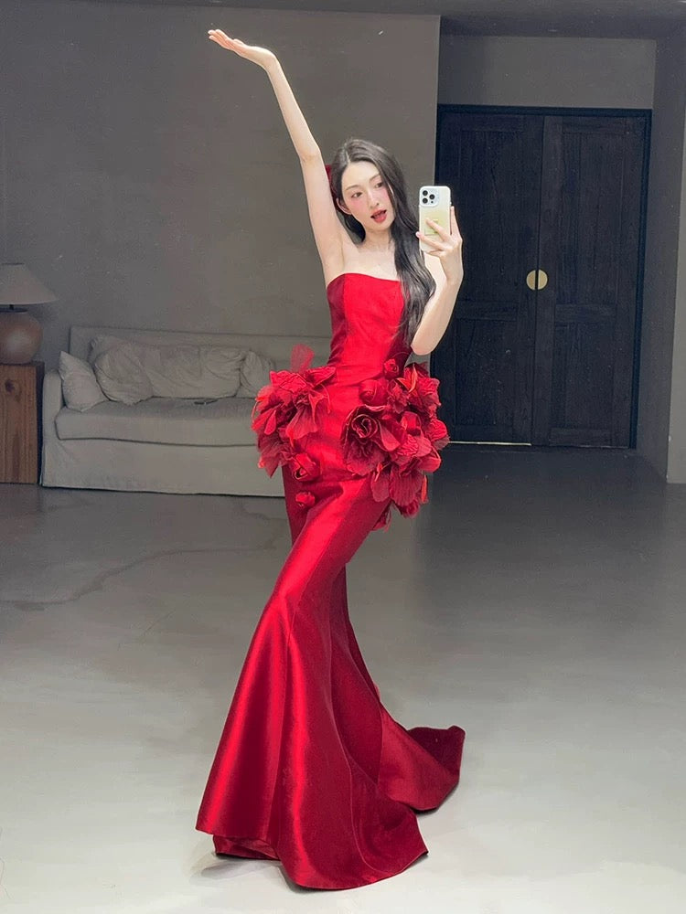 Classy Mermaid Strapless Red Floral Long Prom Gown Summer Wedding Guest Dress Bridal Guest Dresses Wedding Outfits For Guest W0783