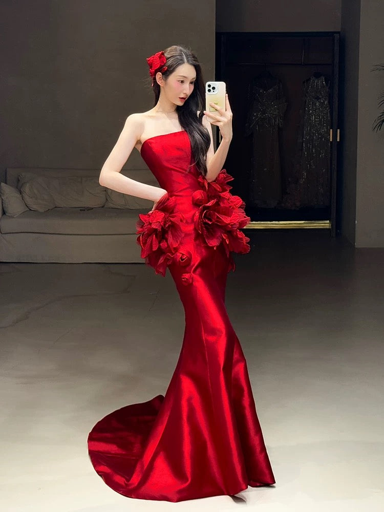 Classy Mermaid Strapless Red Floral Long Prom Gown Summer Wedding Guest Dress Bridal Guest Dresses Wedding Outfits For Guest W0783