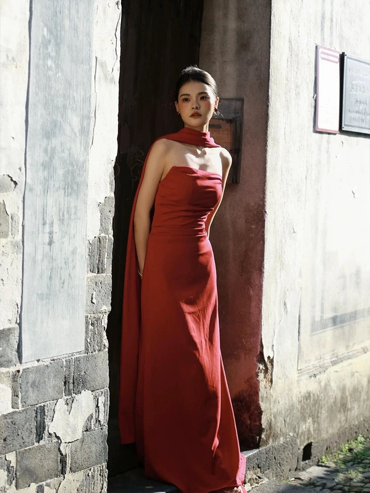 Classy Sheath Strapless Red Long Prom Gown Summer Wedding Guest Dress Bridal Guest Dresses Wedding Outfits For Guest W0790