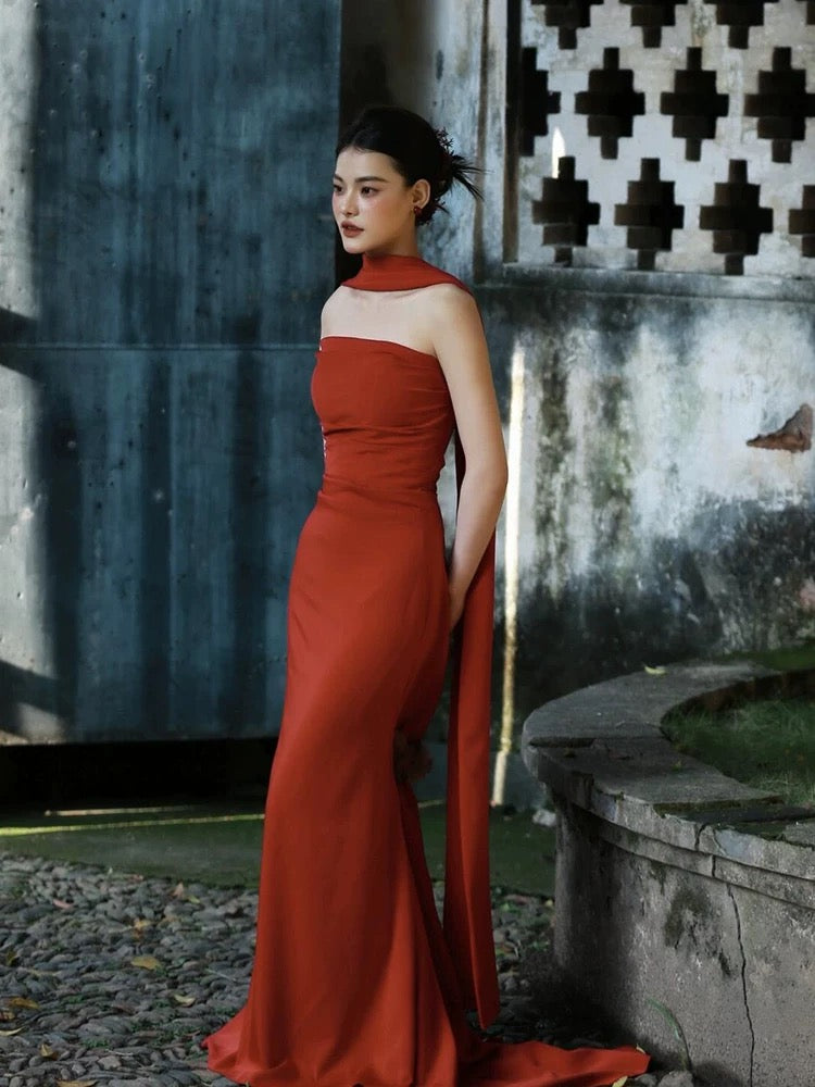 Classy Sheath Strapless Red Long Prom Gown Summer Wedding Guest Dress Bridal Guest Dresses Wedding Outfits For Guest W0790