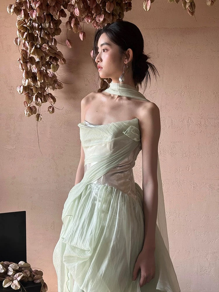 Modest A line Strapless Mint Green Long Prom Gown Summer Wedding Guest Dress With Scarf Bridal Guest Dresses Wedding Outfits For Guest W0791