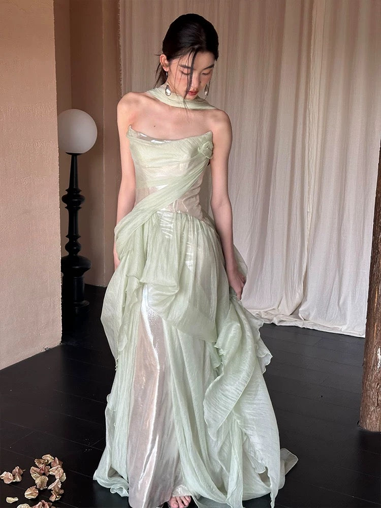 Modest A line Strapless Mint Green Long Prom Gown Summer Wedding Guest Dress With Scarf Bridal Guest Dresses Wedding Outfits For Guest W0791