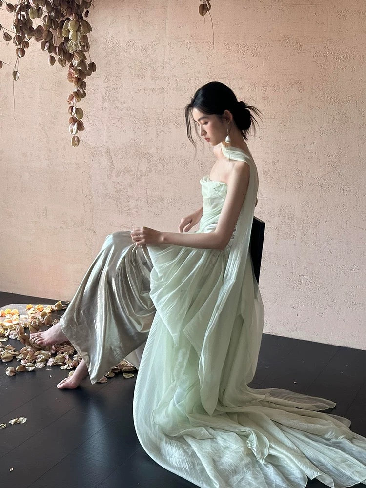 Modest A line Strapless Mint Green Long Prom Gown Summer Wedding Guest Dress With Scarf Bridal Guest Dresses Wedding Outfits For Guest W0791