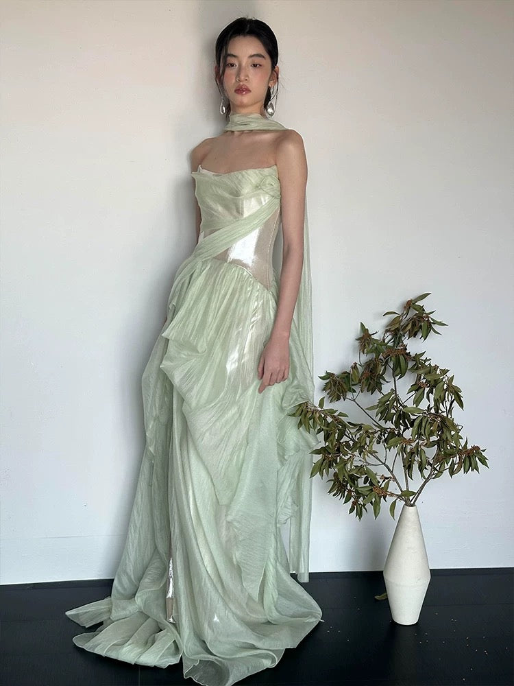 Modest A line Strapless Mint Green Long Prom Gown Summer Wedding Guest Dress With Scarf Bridal Guest Dresses Wedding Outfits For Guest W0791