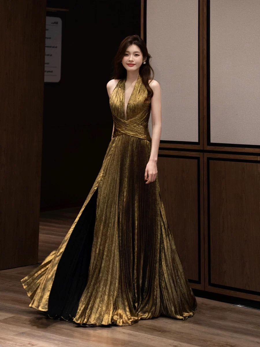 Modest A line Halter Slit Long Prom Gown Summer Wedding Guest Dress Bridal Guest Dresses Wedding Outfits For Guest W0793