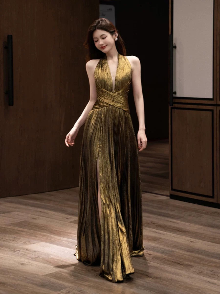 Modest A line Halter Slit Long Prom Gown Summer Wedding Guest Dress Bridal Guest Dresses Wedding Outfits For Guest W0793