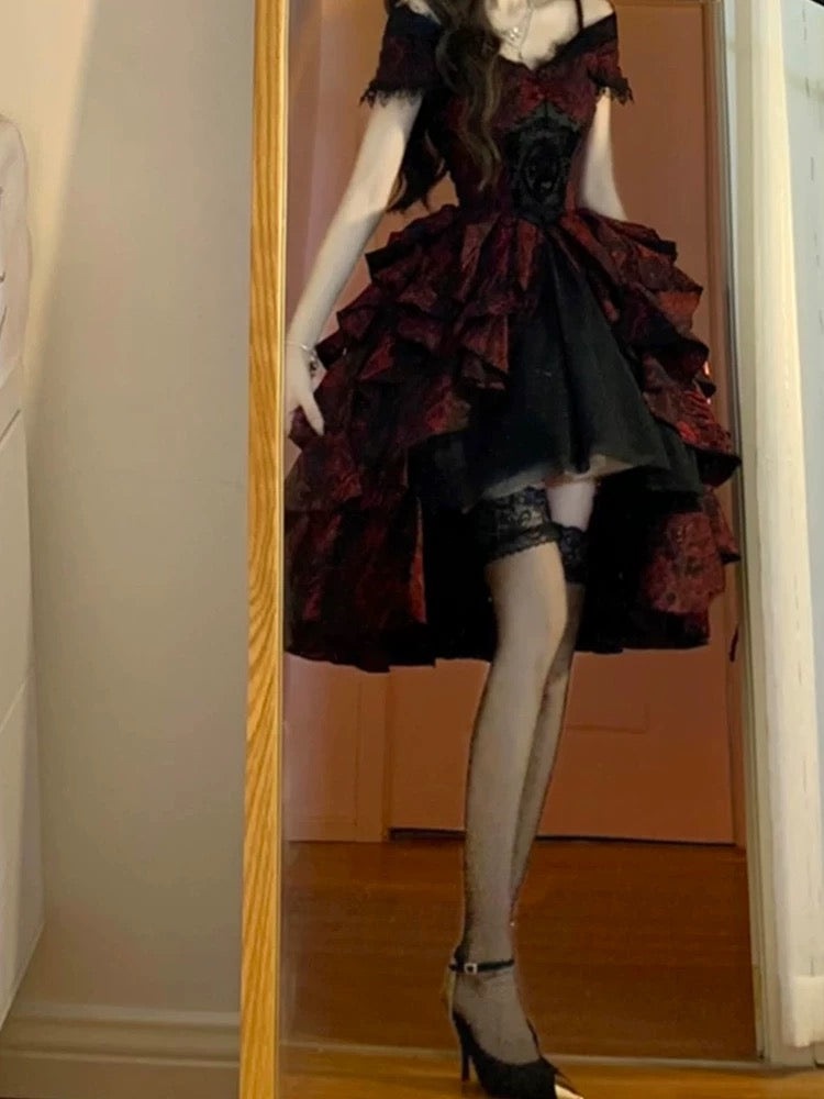 Vintage High Low Off The Shoulder Short Sleeves Gothic Black Red 16th Burgundy Birthday Dress Lolita Dress Birthday Outfits W1003