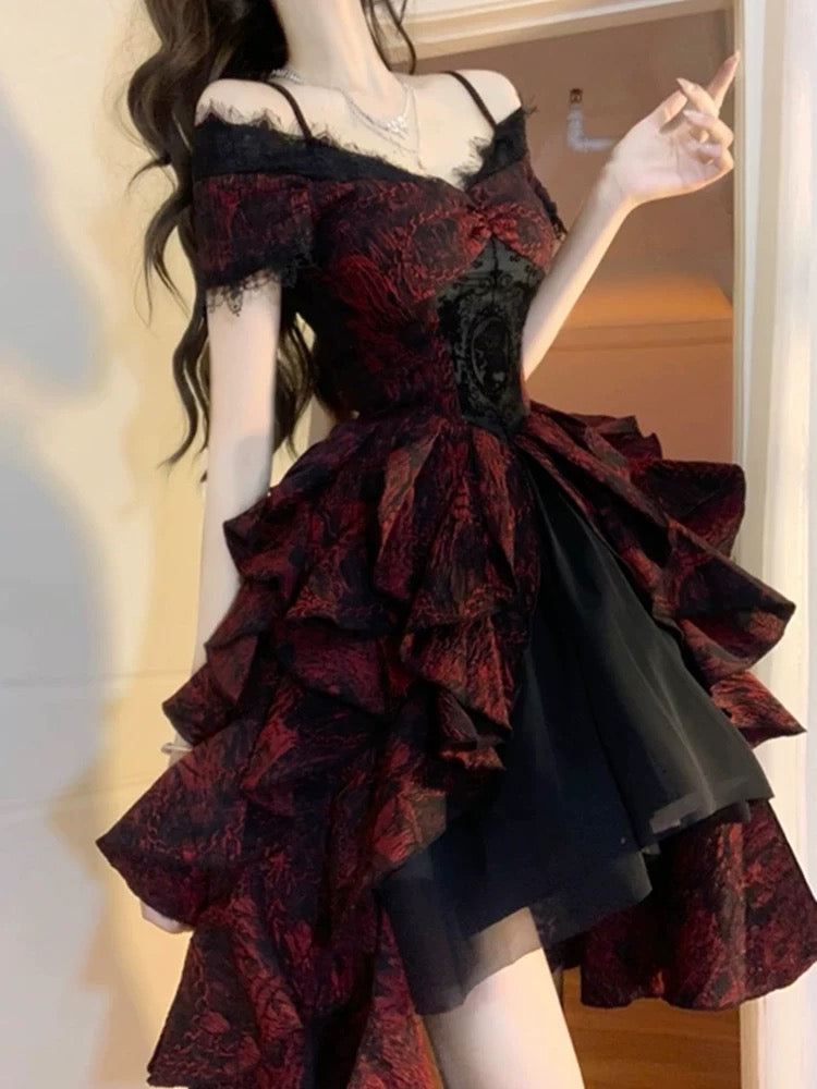 Vintage High Low Off The Shoulder Short Sleeves Gothic Black Red 16th Burgundy Birthday Dress Lolita Dress Birthday Outfits W1003