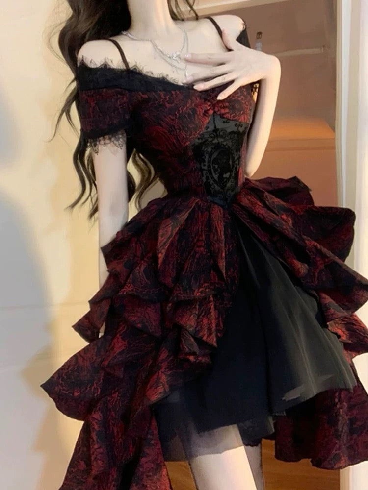 Vintage High Low Off The Shoulder Short Sleeves Gothic Black Red 16th Burgundy Birthday Dress Lolita Dress Birthday Outfits W1003