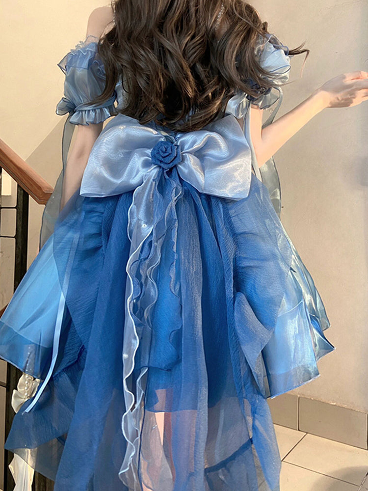 Robe vintage à manches courtes et épaules dénudées pour 16e anniversaire, style Lolita, tenue d'été bleue, W1010