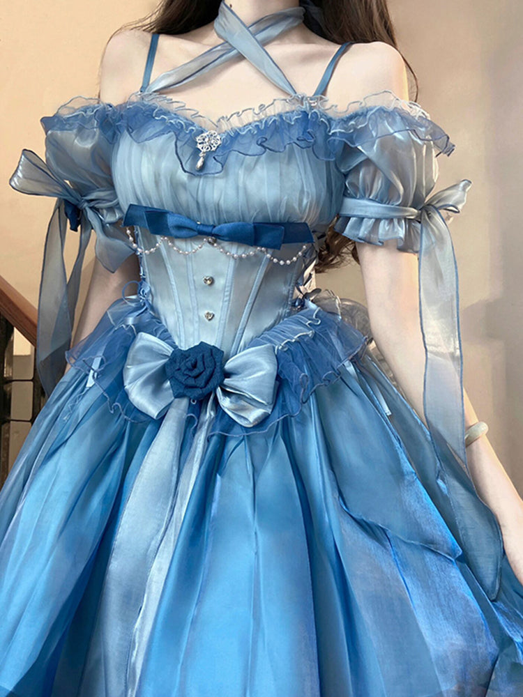 Robe vintage à manches courtes et épaules dénudées pour 16e anniversaire, style Lolita, tenue d'été bleue, W1010