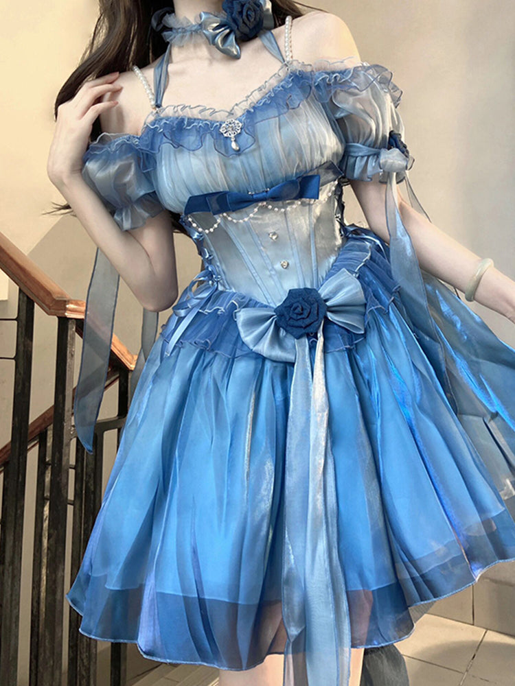Robe vintage à manches courtes et épaules dénudées pour 16e anniversaire, style Lolita, tenue d'été bleue, W1010