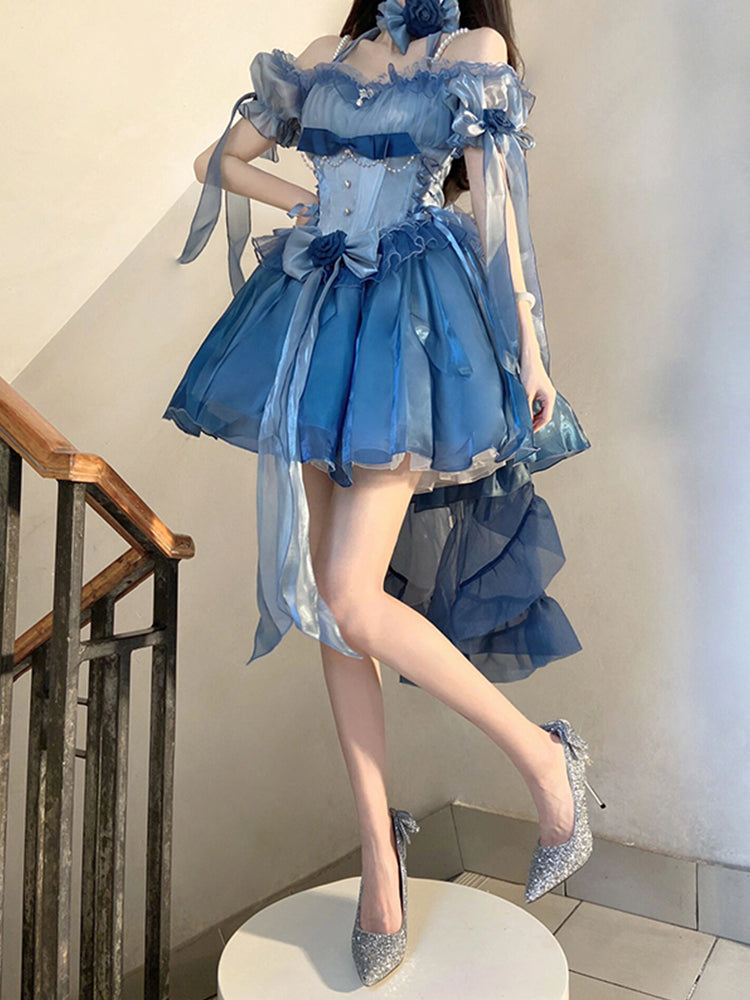 Robe vintage à manches courtes et épaules dénudées pour 16e anniversaire, style Lolita, tenue d'été bleue, W1010