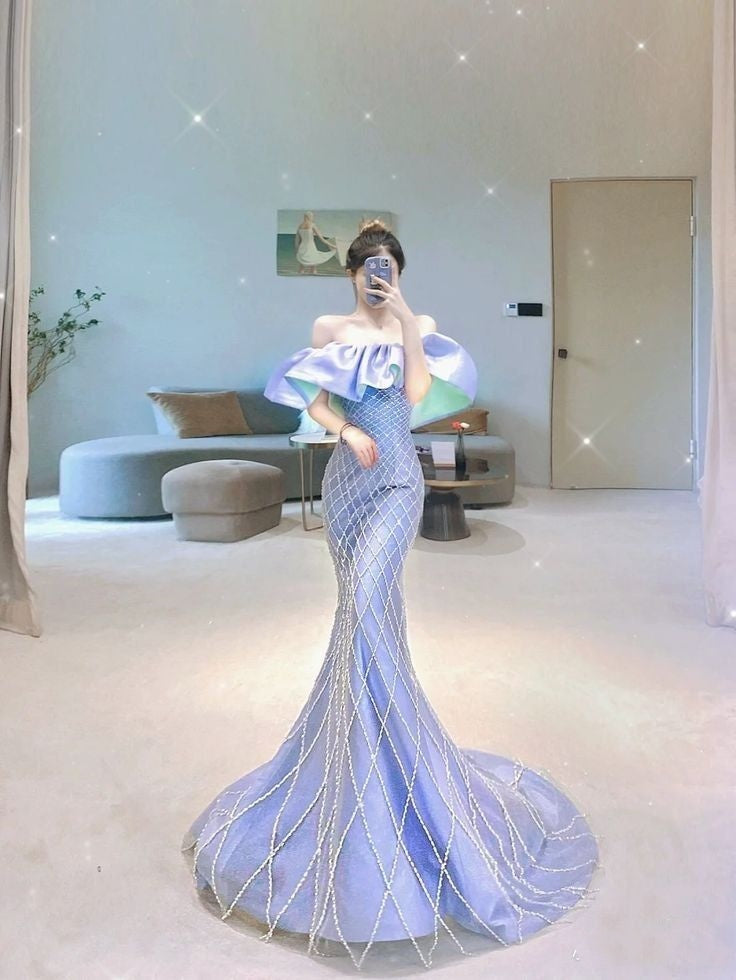 Elegant Mermaid Off The Shoulder Lilac Sequin Long Prom Dresses Party Dress Summer 20th Birthday Outfits 18th Birthday Dresses W1018