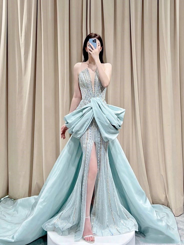 Elegant Mermaid Sequin Light Sky Blue Long Prom Dresses Party Dress Summer 20th Birthday Outfits 18th Birthday Dresses W1032