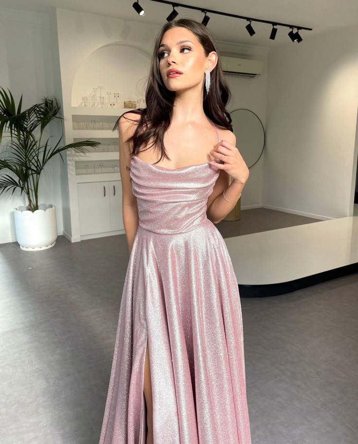 Classy A line Spaghetti Straps Pink Sequin Slit Formal Long Prom Gown Summer Wedding Guest Dress Bridal Guest Dresses Wedding Outfits For Guest W1074