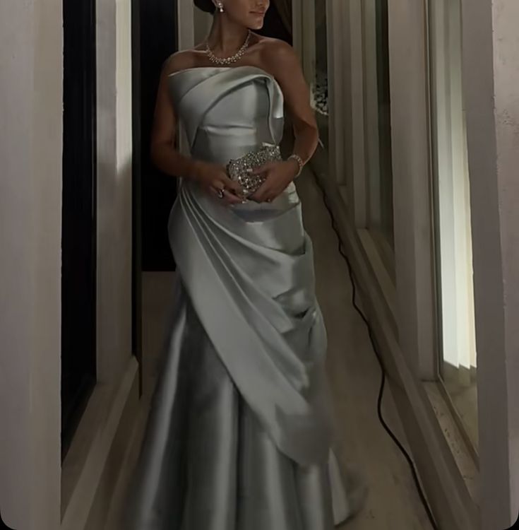 Classy Mermaid Strapless Silver Satin Formal Long Prom Gown Summer Wedding Guest Dress Bridal Guest Dresses Wedding Outfits For Guest W1096