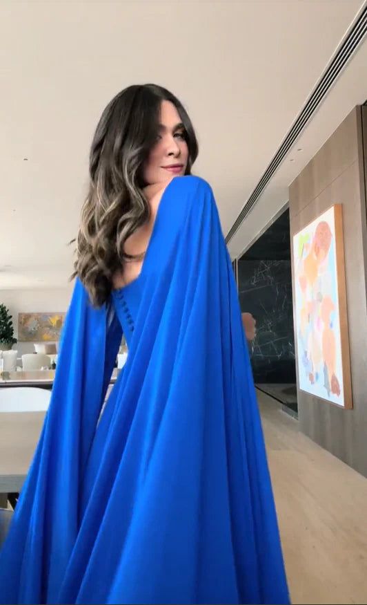 Classy A Line Sweetheart Royal Blue Long Sleeves Chiffon Formal Long Prom Gown Summer Wedding Guest Dress Bridal Guest Dresses Wedding Outfits For Guest W1098