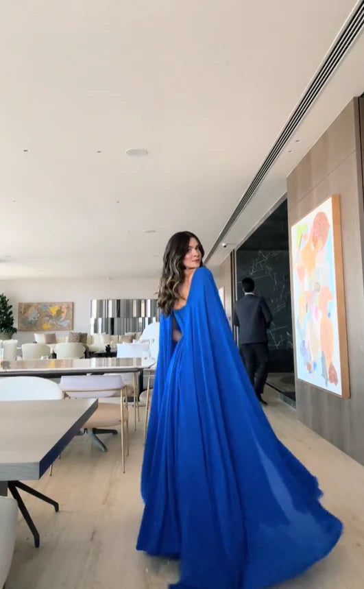 Classy A Line Sweetheart Royal Blue Long Sleeves Chiffon Formal Long Prom Gown Summer Wedding Guest Dress Bridal Guest Dresses Wedding Outfits For Guest W1098