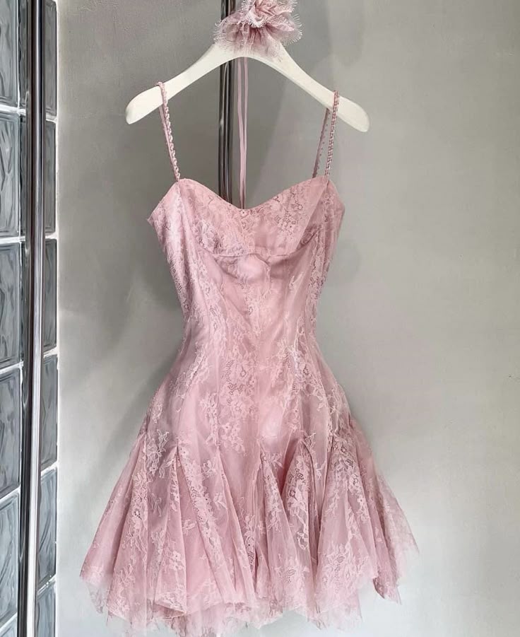 Pretty A line Spaghetti Straps Tulle Lace Pink Formal 8th Grade Homecoming Dress Summer Middle School Hoco Dresses W1146