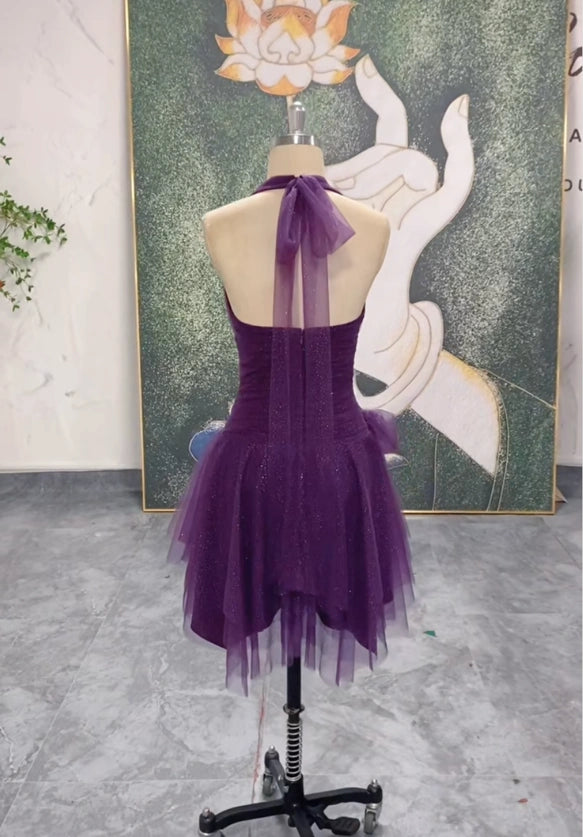 Cute A line V Neck Tulle Short Grape Formal 8th Grade Homecoming Dress Summer Middle School Hoco Dresses Birthday Outfits W1152