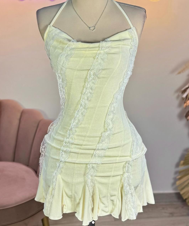 Vintage A line Spaghetti Straps Yellow Lace Short Mini Formal 8th Grade Homecoming Dress Summer Middle School Hoco Dresses Birthday Outfits W1164