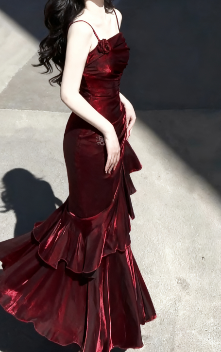 Vintage Mermaid Spaghetti Straps Burgundy Long Summer 18th Birthday Dress Lolita Dresses Birthday Outfits W1217