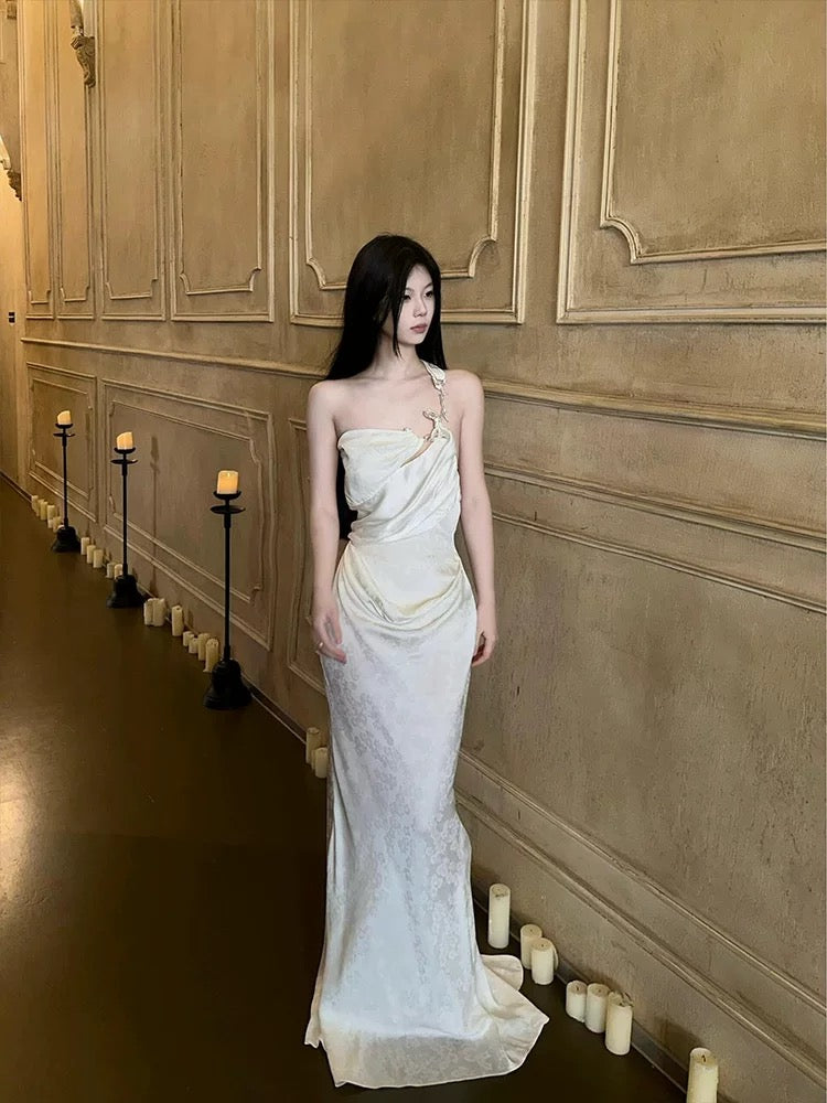Modest Sheath One Shoulder White Satin Long Prom Gown Summer Wedding Guest Dress Bridal Guest Dresses Wedding Outfits For Guest W0792