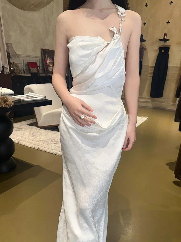 Modest Sheath One Shoulder White Satin Long Prom Gown Summer Wedding Guest Dress Bridal Guest Dresses Wedding Outfits For Guest W0792