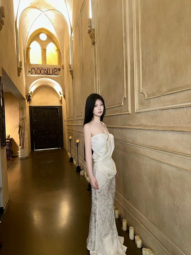 Modest Sheath One Shoulder White Satin Long Prom Gown Summer Wedding Guest Dress Bridal Guest Dresses Wedding Outfits For Guest W0792
