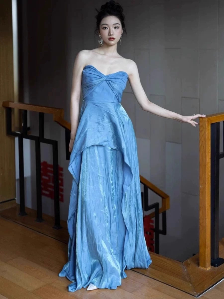 Modest A line Sweetheart Blue Long Prom Gown Summer Wedding Guest Dress Bridal Guest Dresses Wedding Outfits For Guest W0794